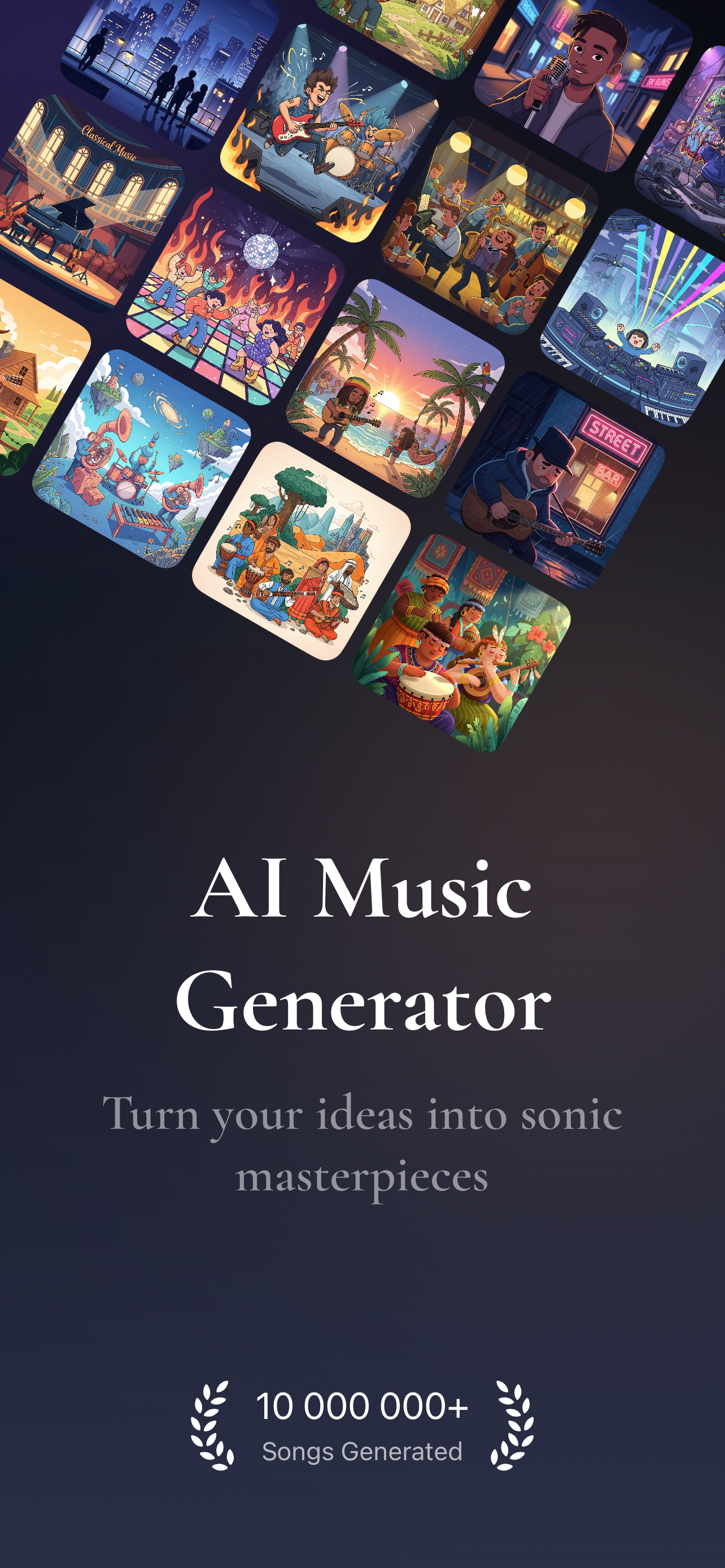 AI Music Generator interface showing track creation