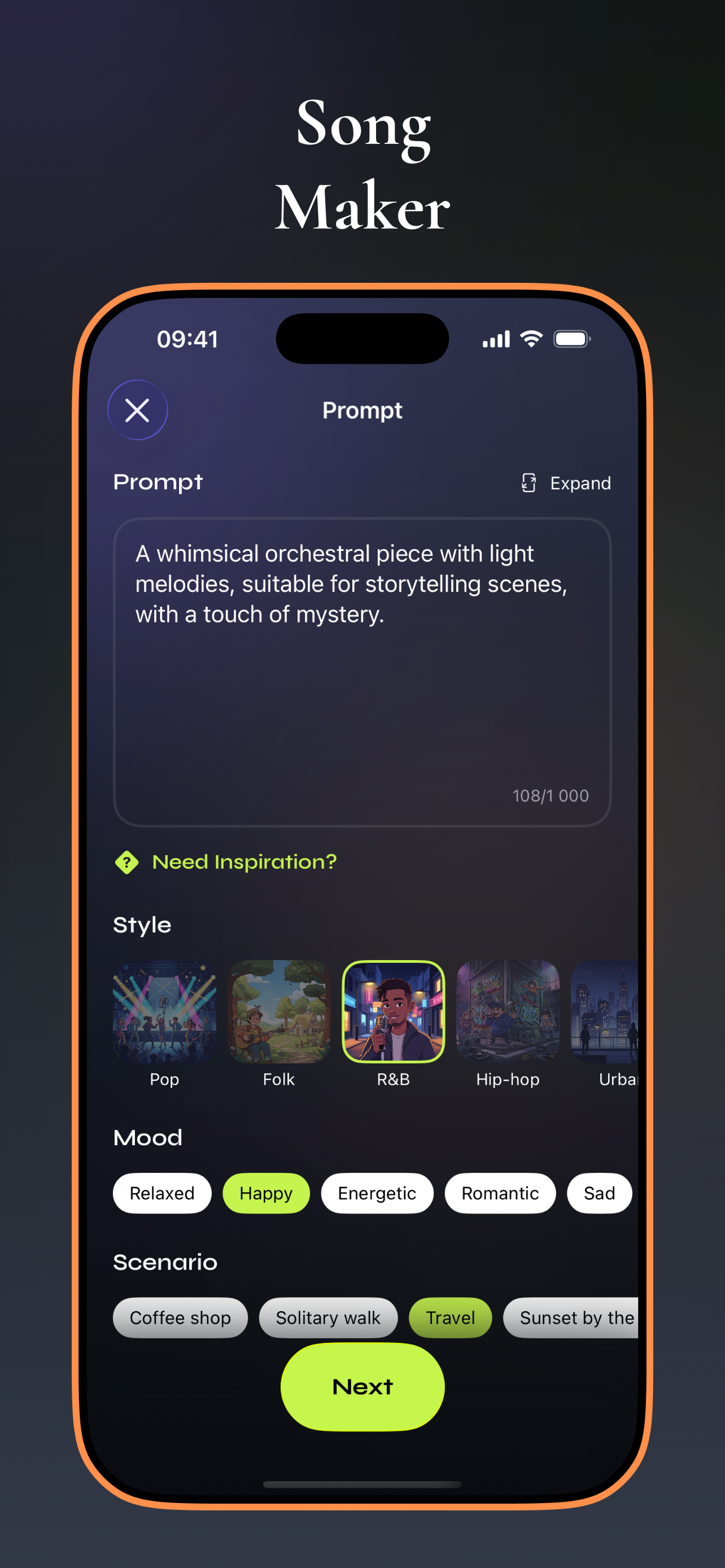 Prompt input and genre selection for AI composition